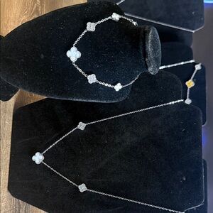 Clover Motif sterling Silver moissanite Necklace and Bracelet Set - White